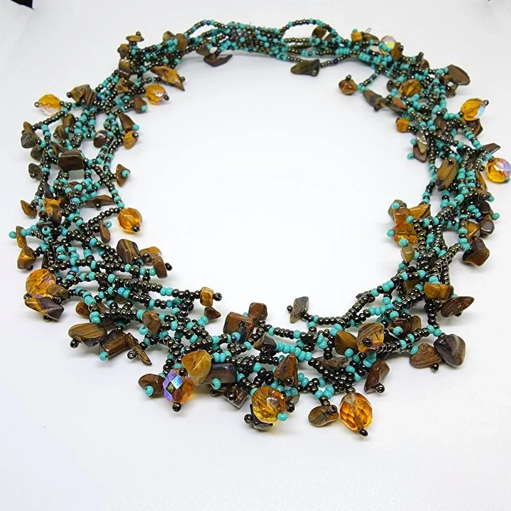 Artisan Turquoise Amber Tiger Eye 6 Strand Beaded Statement Collar Necklace